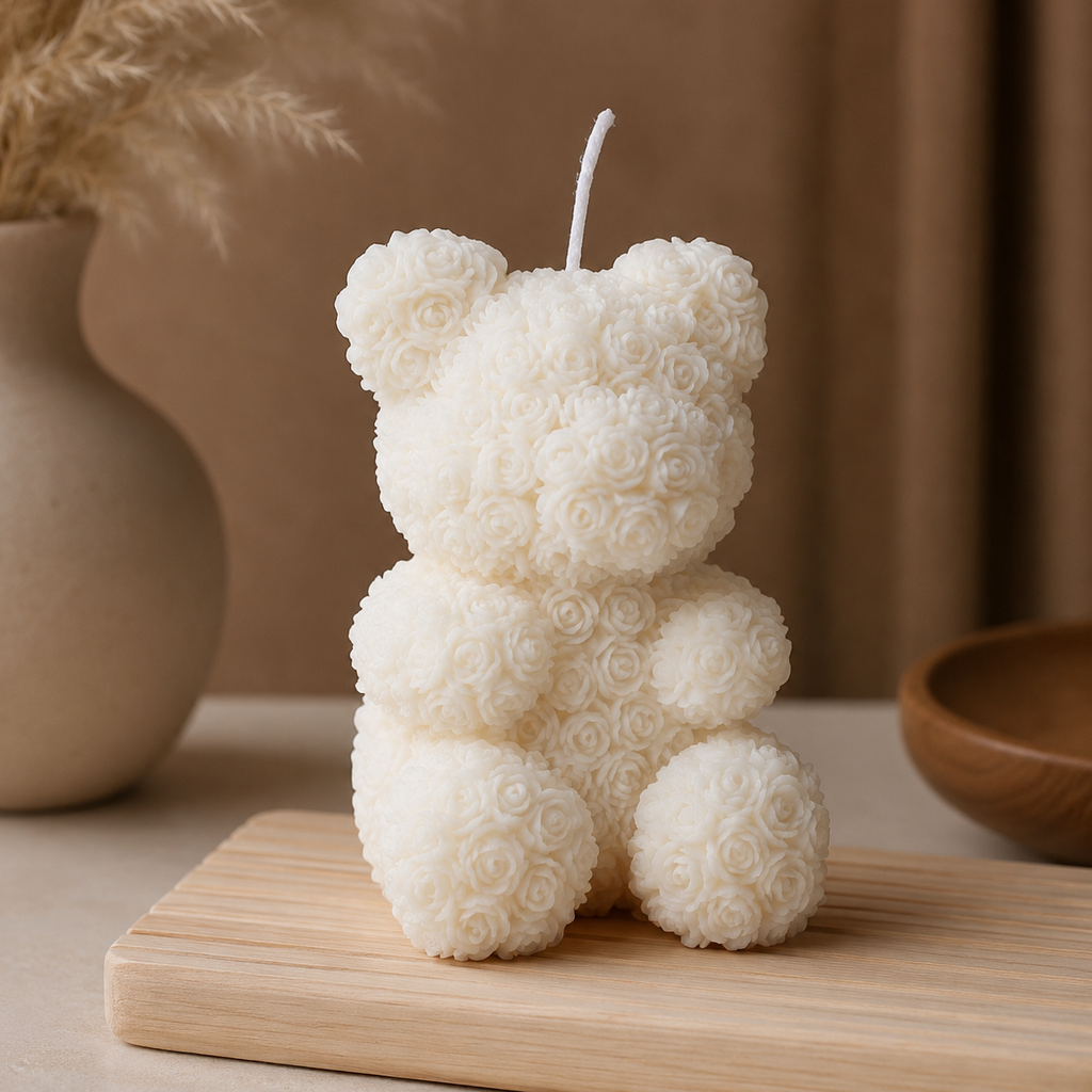 White teddy bear-shaped candle on a wooden surface with a neutral background
