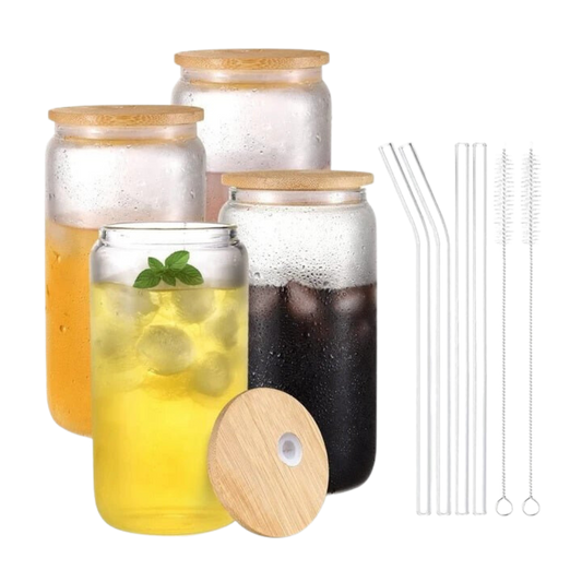 Glass Mugs with Clear Straws and Bamboo Lids