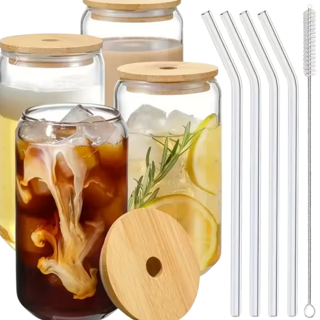 Glass Mugs with Clear Straws and Bamboo Lids