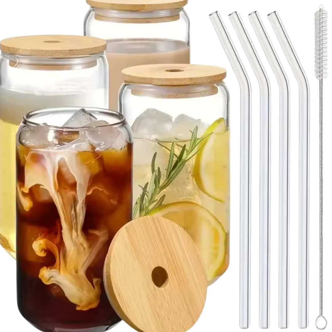 Glass Mugs with Clear Straws and Bamboo Lids
