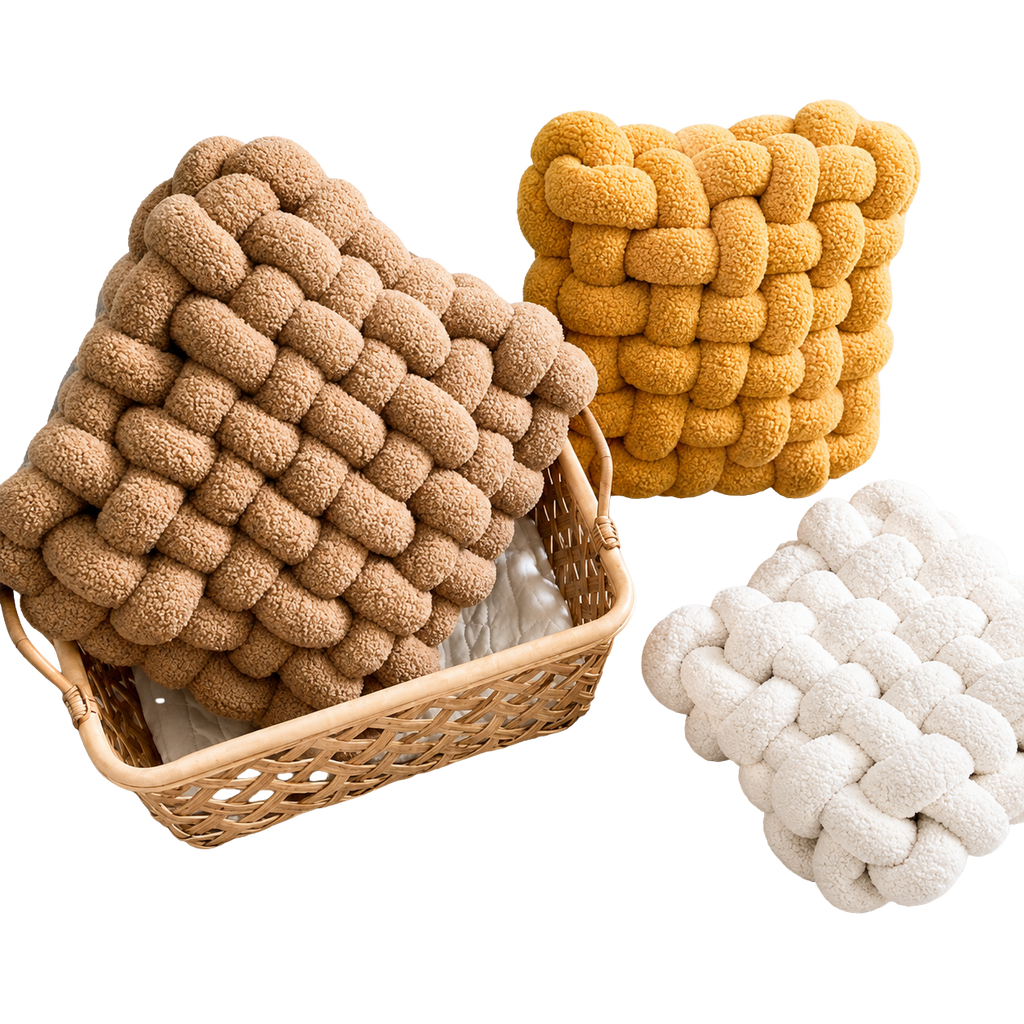 Three woven baskets in brown, yellow, and white on a white background