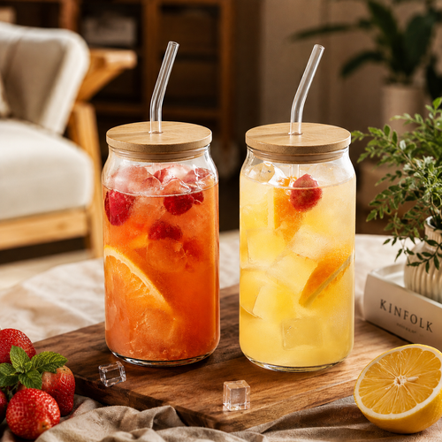 Glass Mugs with Clear Straws and Bamboo Lids