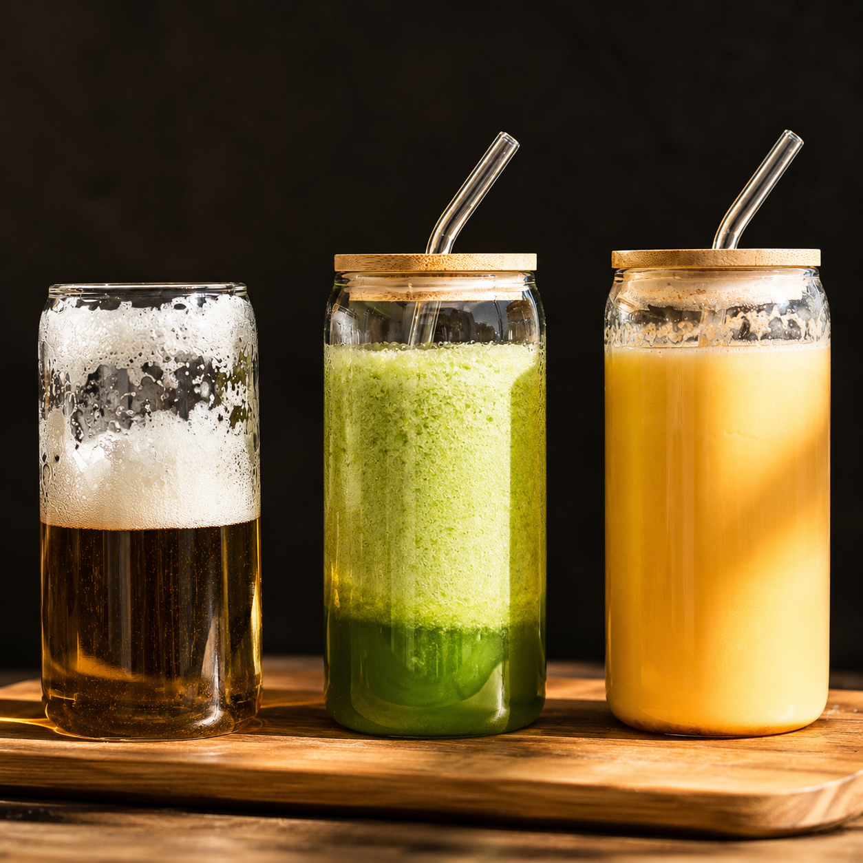 Three jars with different beverages on a wooden surface against a dark background