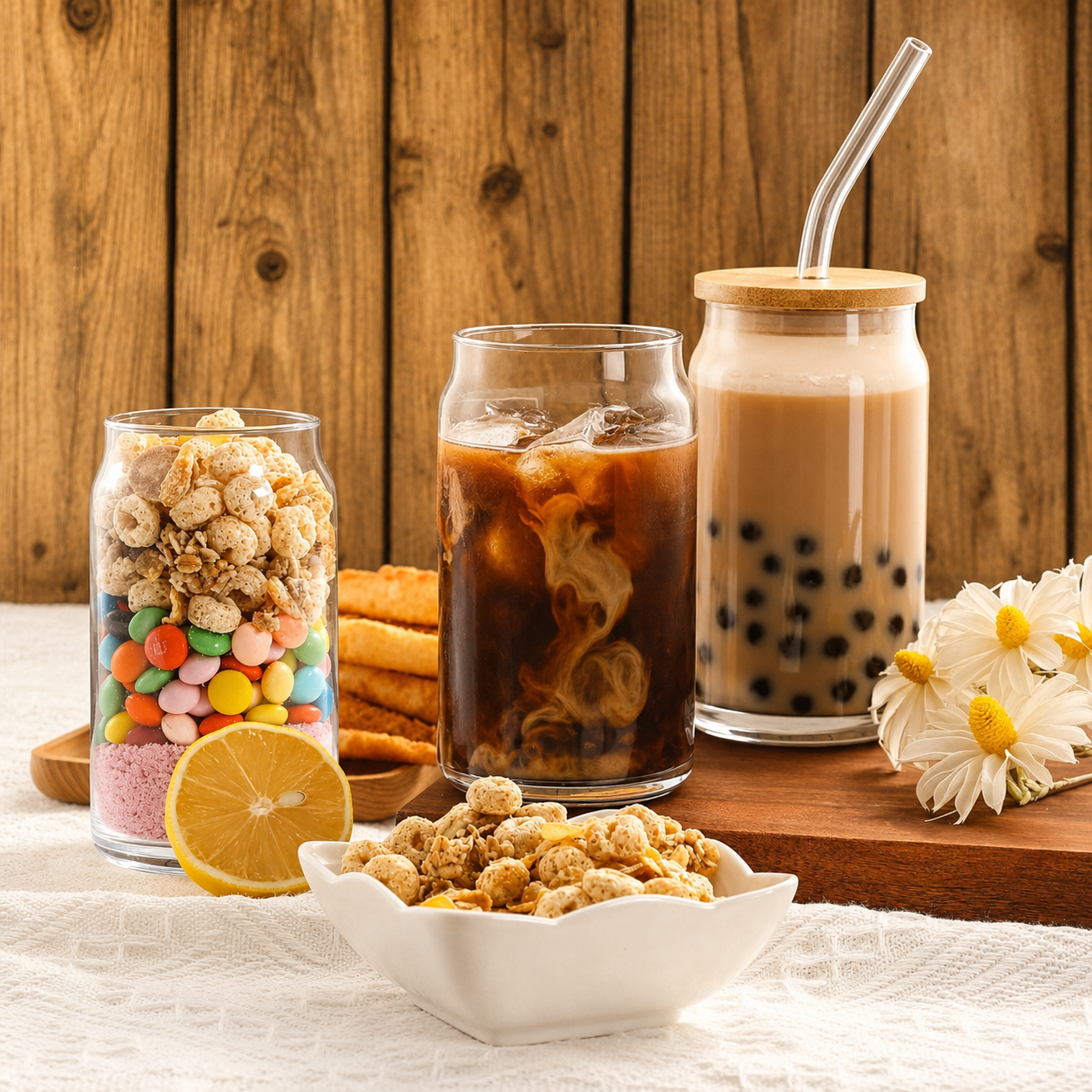 Assorted drinks and snacks on a wooden table with a wooden background