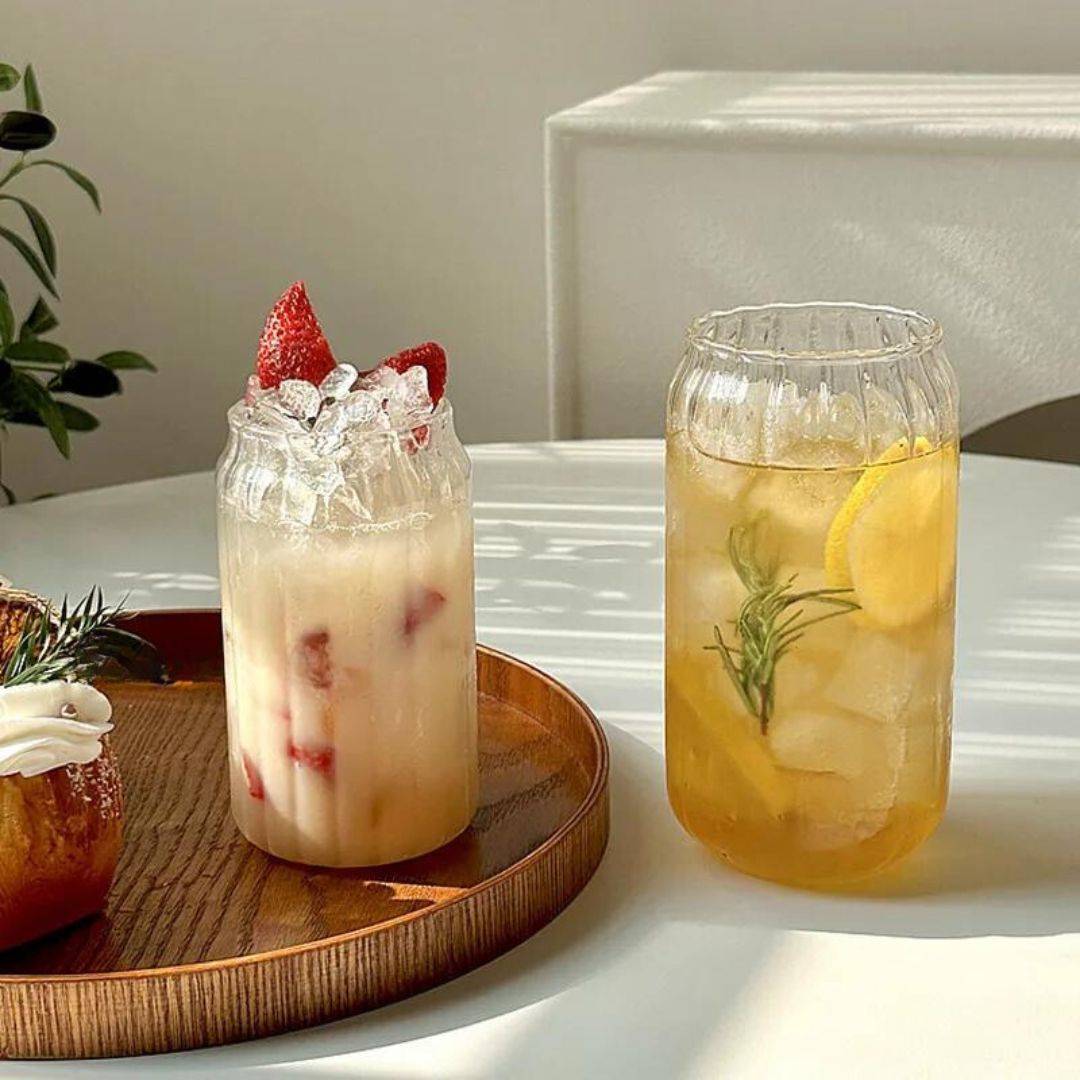 Striped Transparent Glass Cups with Lids and Straws - Raydin