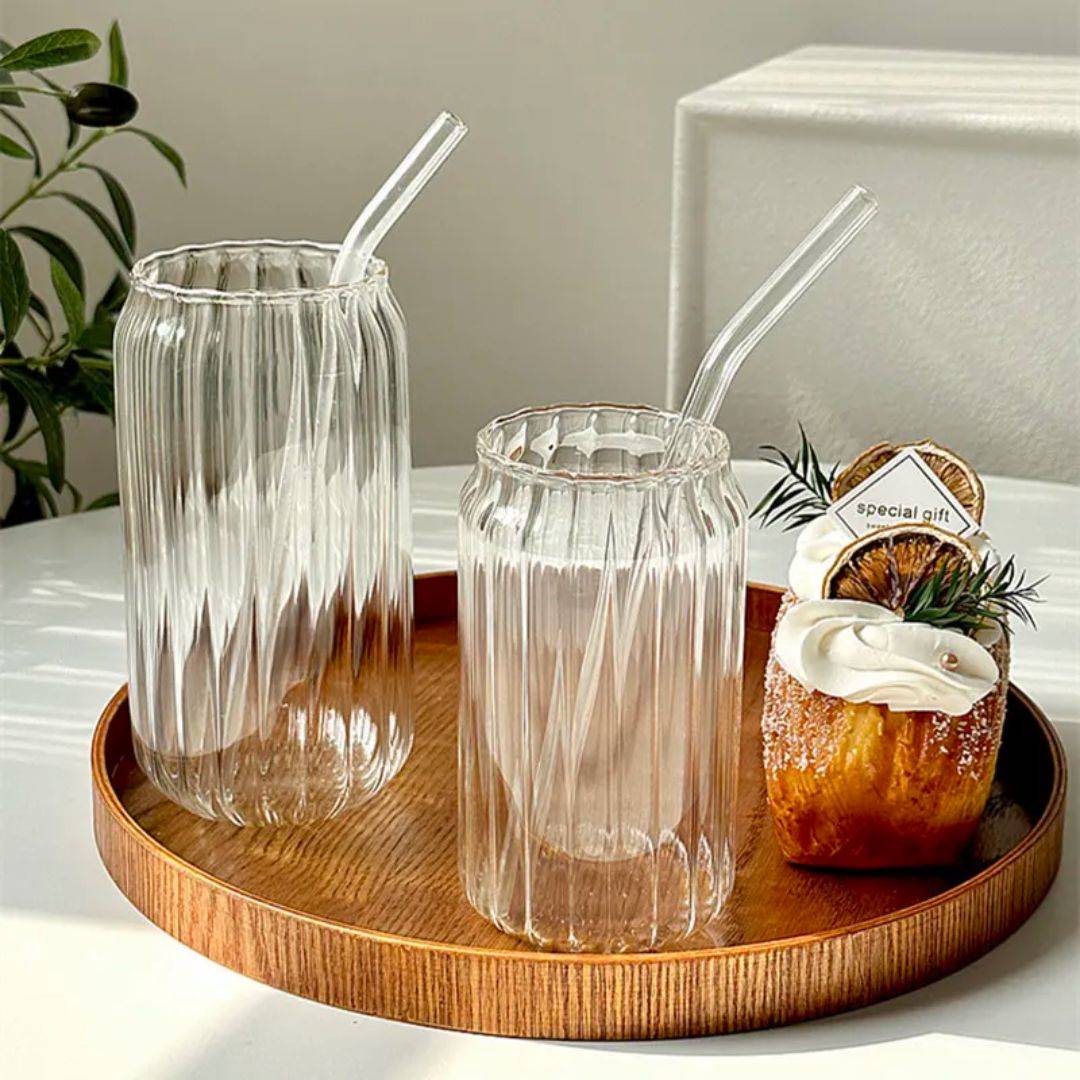 Striped Transparent Glass Cups with Lids and Straws - Raydin