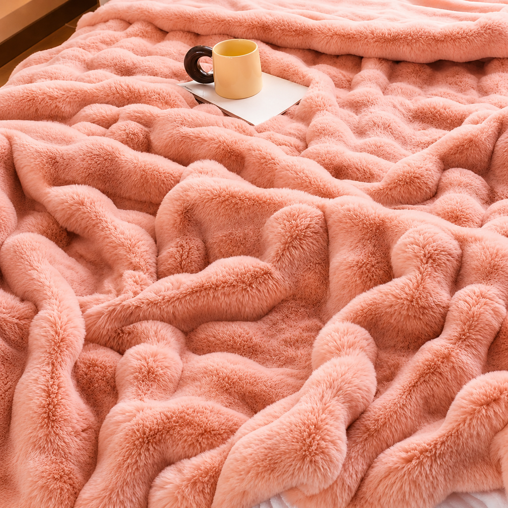 Pink textured blanket with a cup on a small table